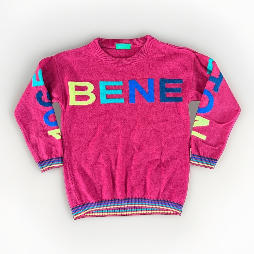 Vintage United Colors of Benetton Spell-Out Crewneck Knit Sweater Kids Sz Small